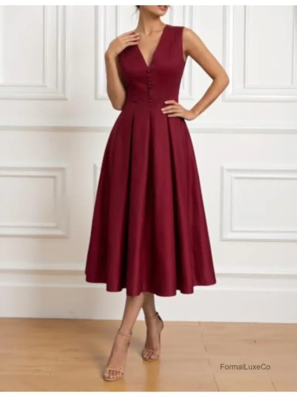 Satin Sleeveless V Neck Midi Dress Button Front Placket